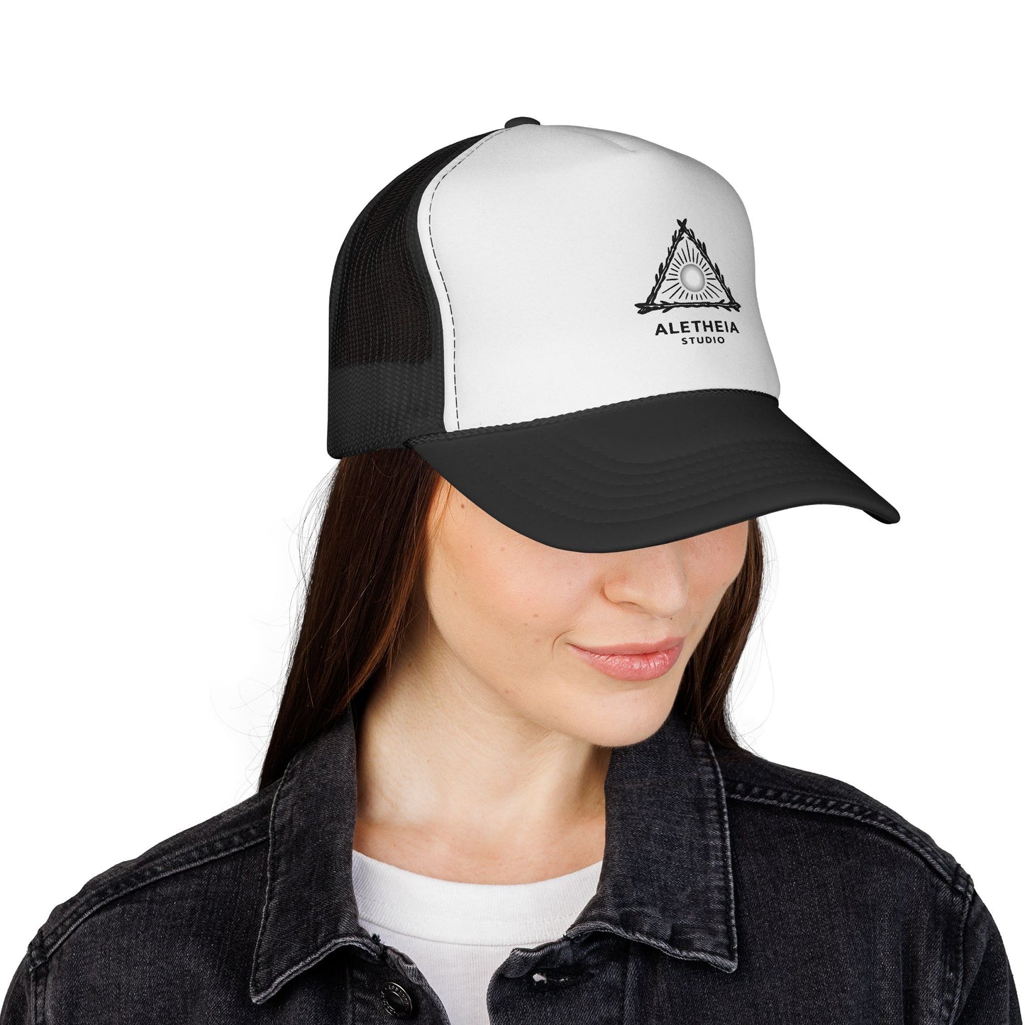 Aletheia Studio Trucker Hat — Minimal Triangle Logo Mesh Cap