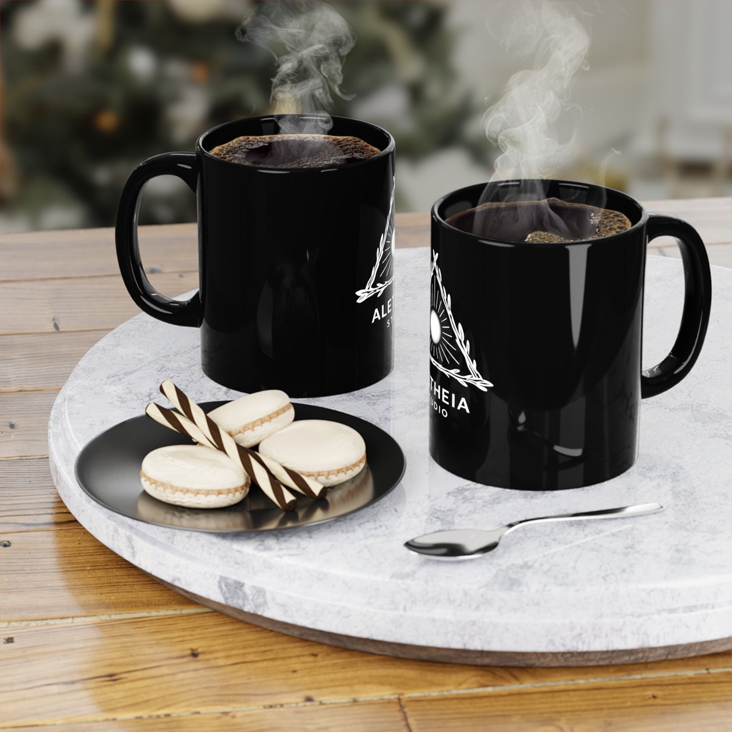 Aletheia Studio Black 11oz Coffee Mug — Sun & Laurel Emblem