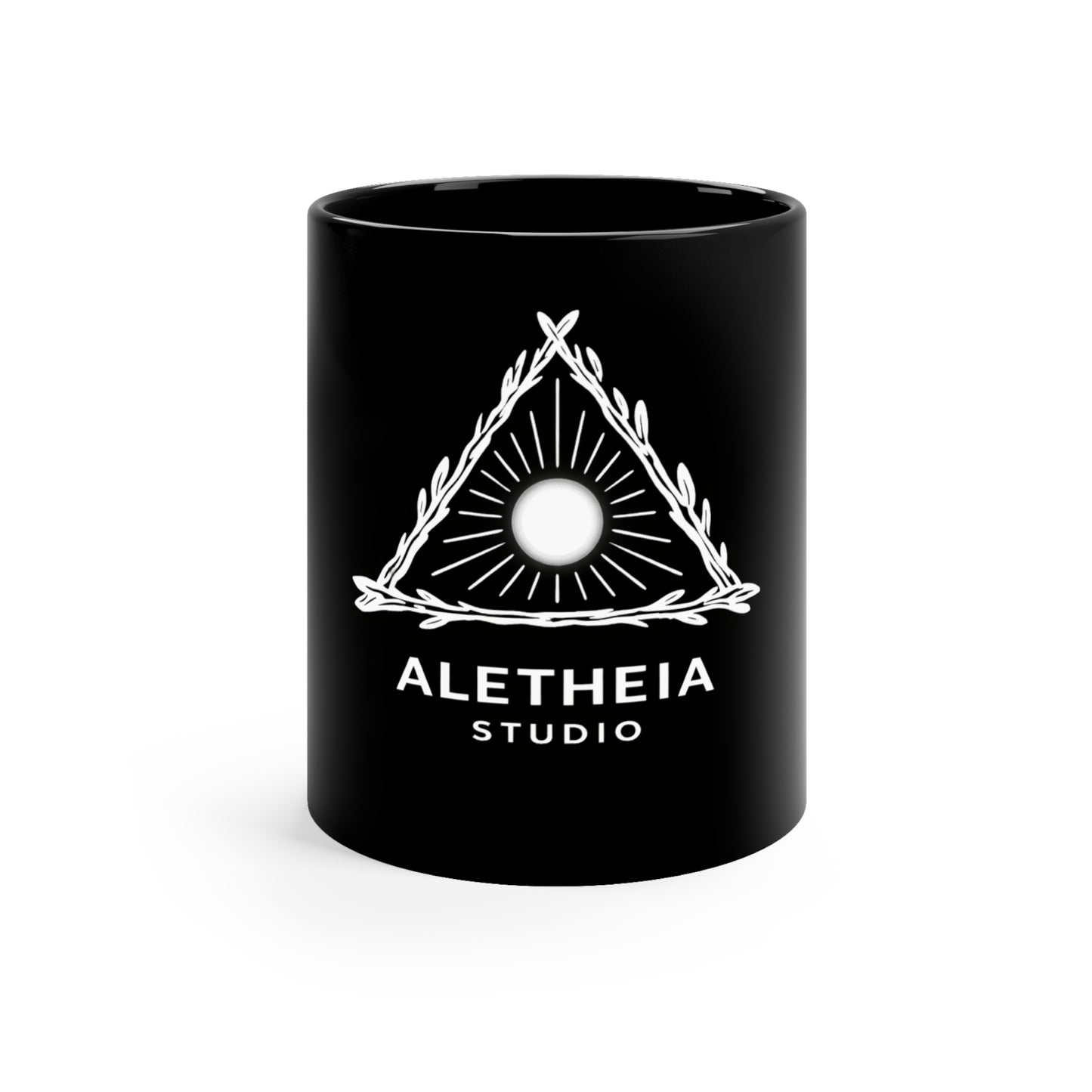 Aletheia Studio Black 11oz Coffee Mug — Sun & Laurel Emblem