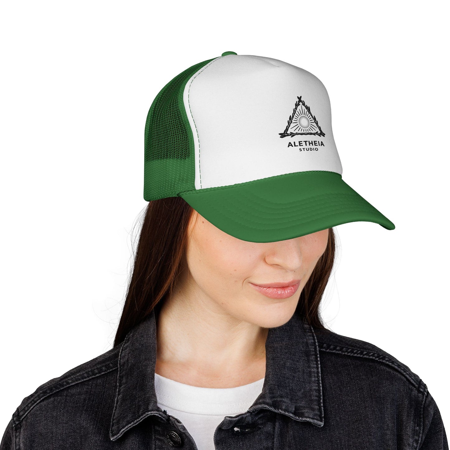 Aletheia Studio Trucker Hat — Minimal Triangle Logo Mesh Cap