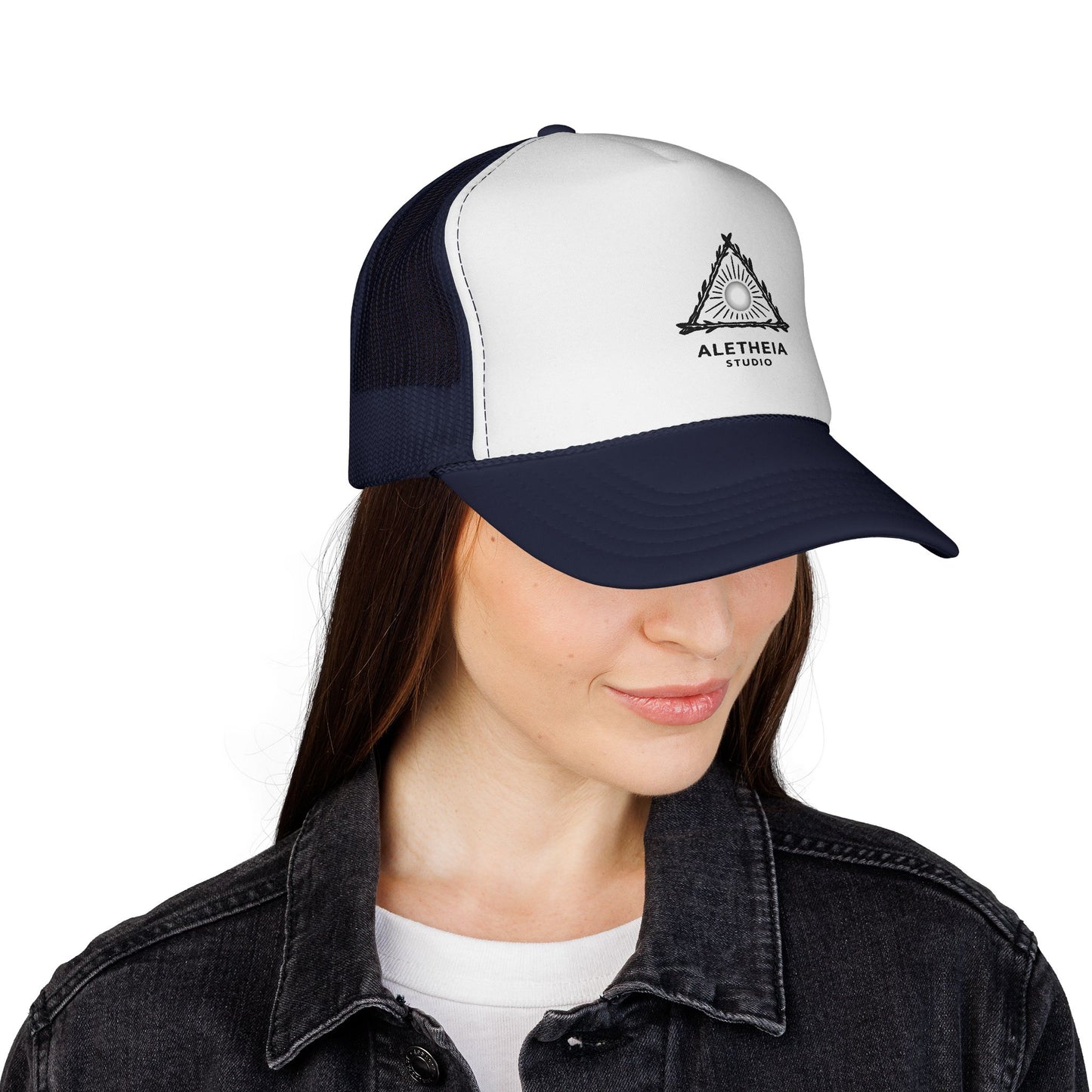 Aletheia Studio Trucker Hat — Minimal Triangle Logo Mesh Cap