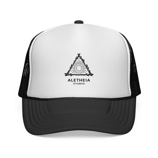 Aletheia Studio Trucker Hat — Minimal Triangle Logo Mesh Cap