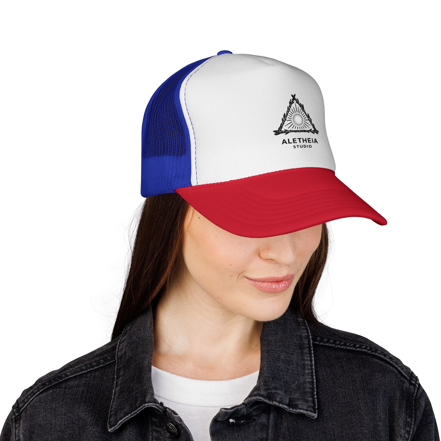 Aletheia Studio Trucker Hat — Minimal Triangle Logo Mesh Cap