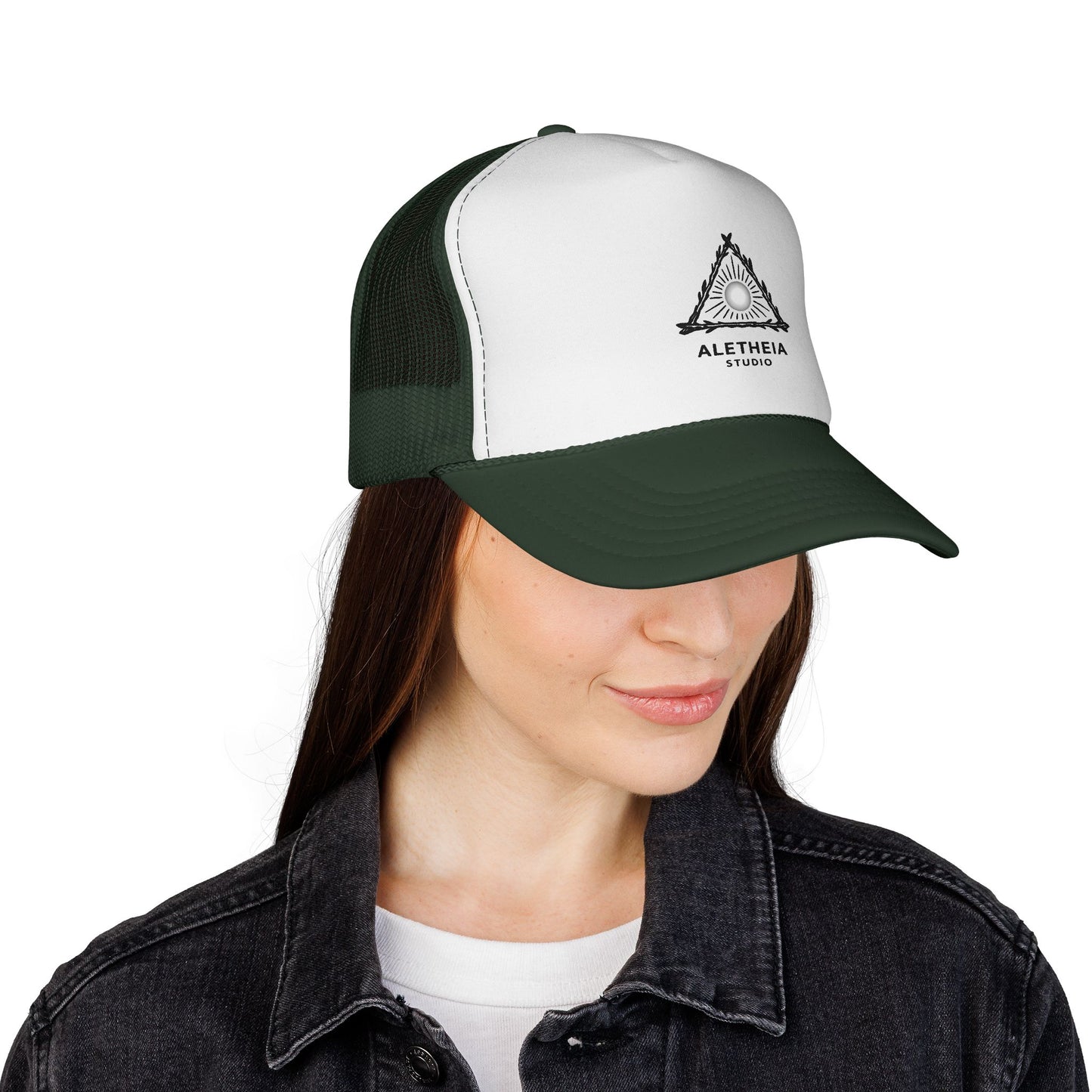 Aletheia Studio Trucker Hat — Minimal Triangle Logo Mesh Cap