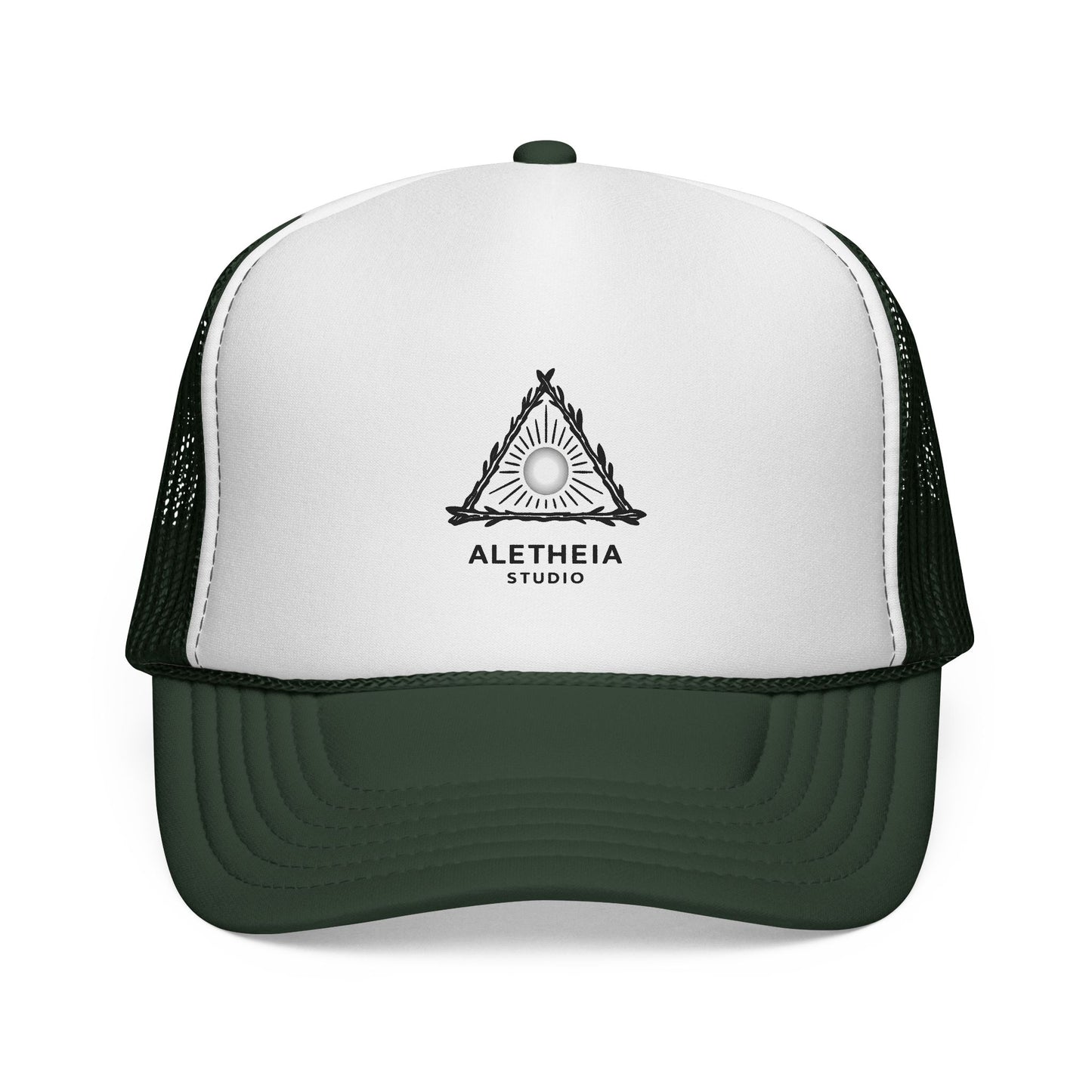 Aletheia Studio Trucker Hat — Minimal Triangle Logo Mesh Cap